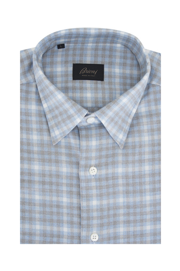 Brioni Blue & Brown Plaid Cotton Sport Shirt 