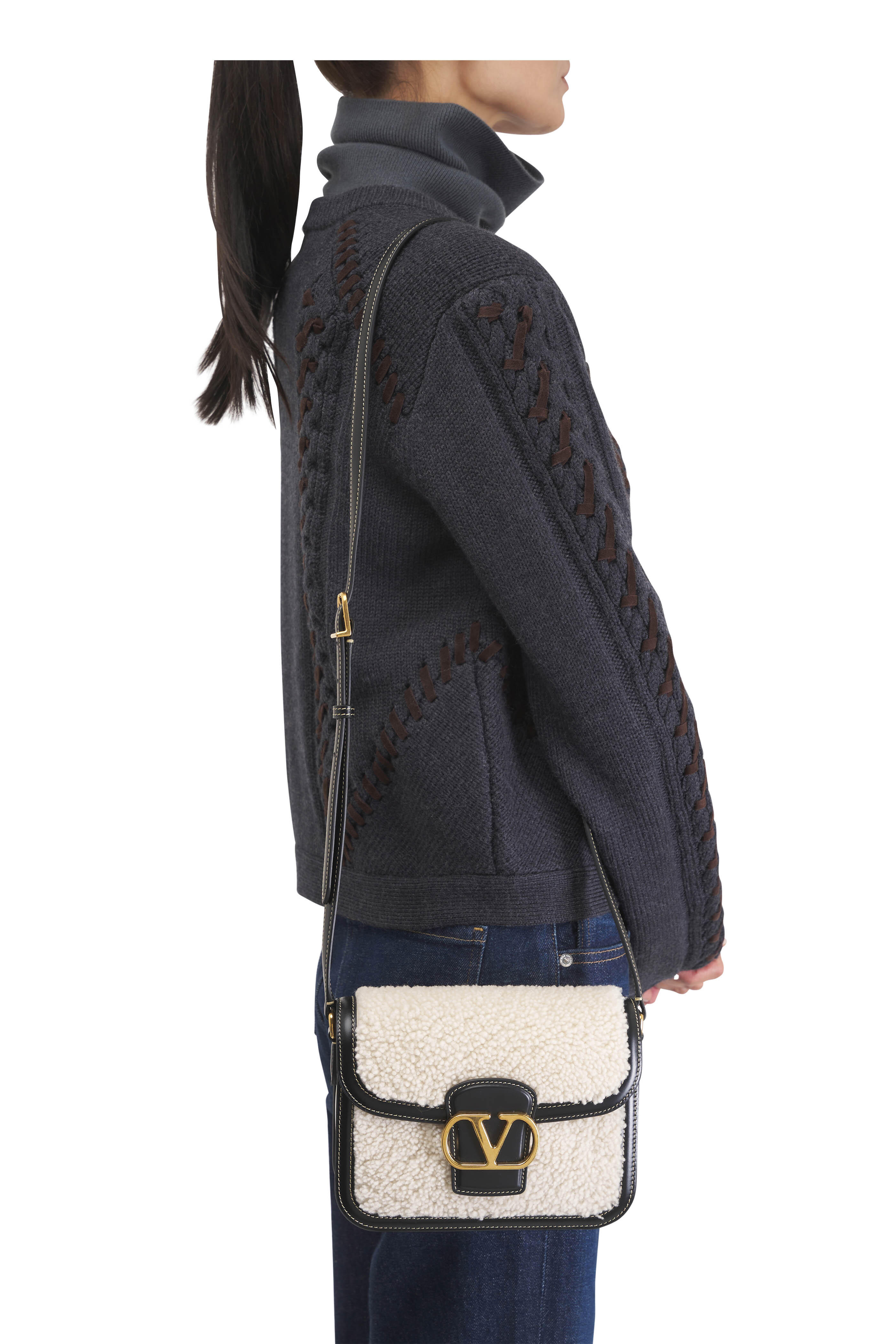 Valentino Garavani - 9TO5 Black & Natural Shearling Crossbody