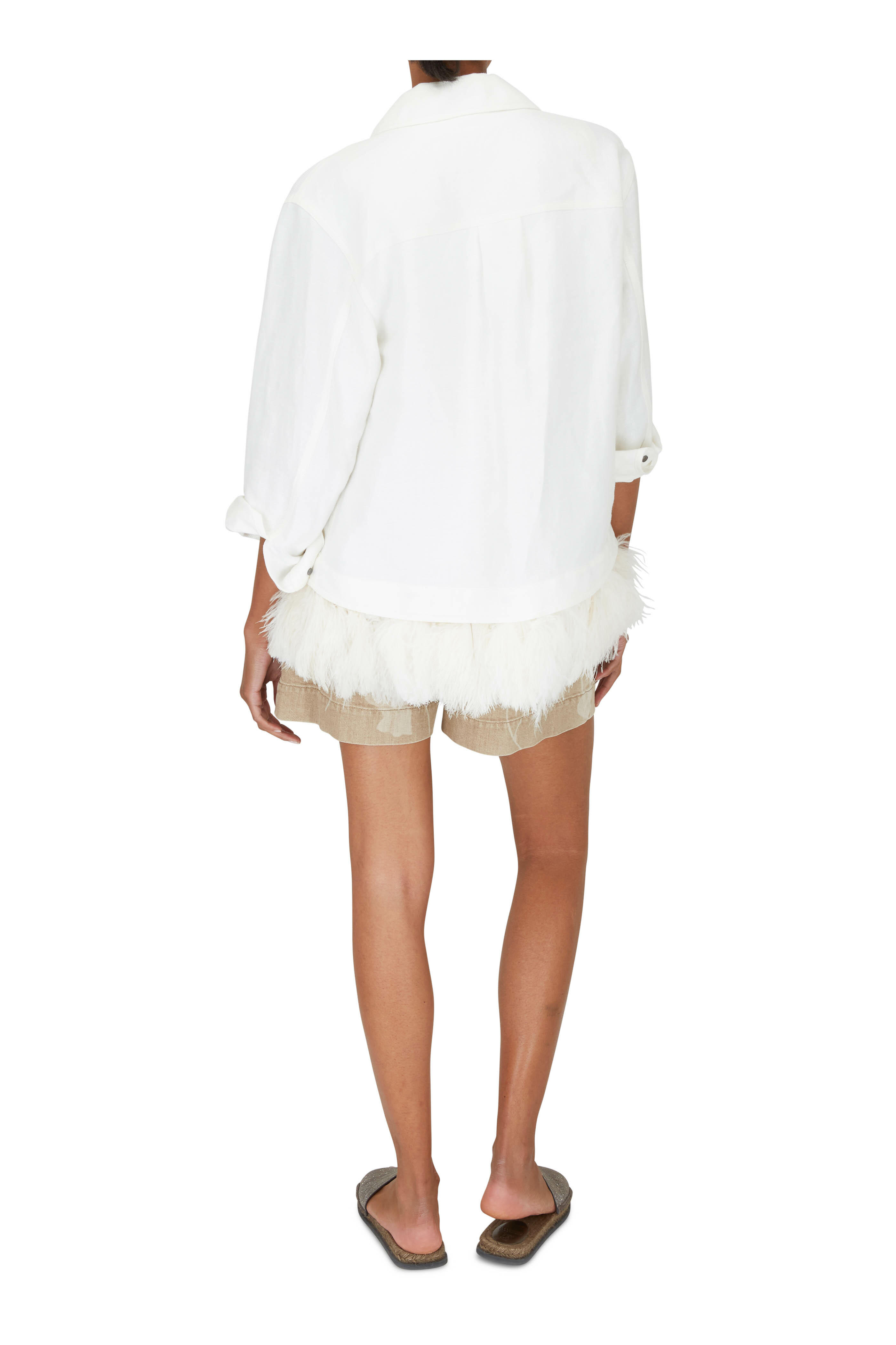 Brunello Cucinelli - Beige Denim Leaf Print Belted Shorts