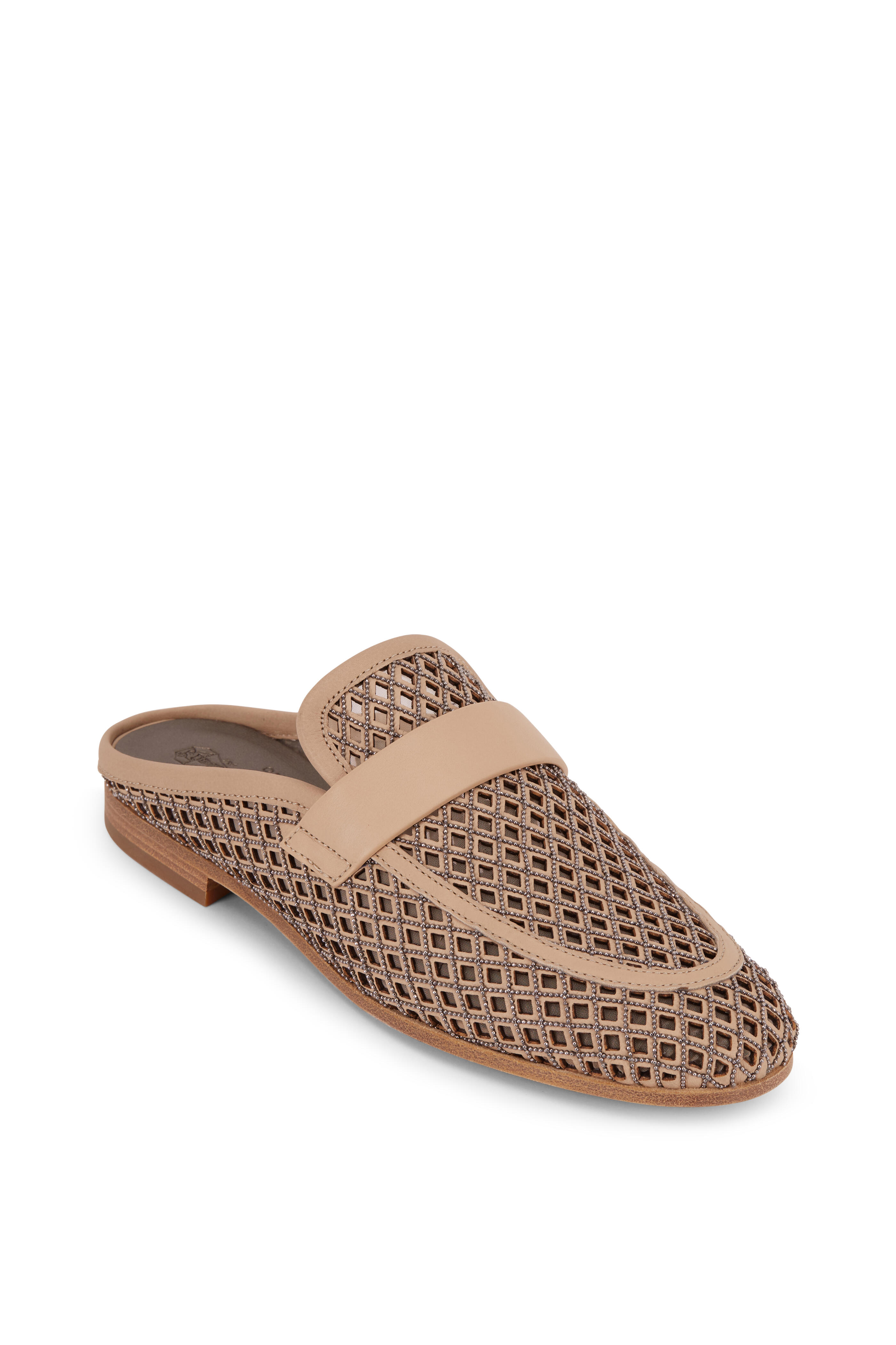 Brunello Cucinelli - Light Brown Leather & Net Monili Mule