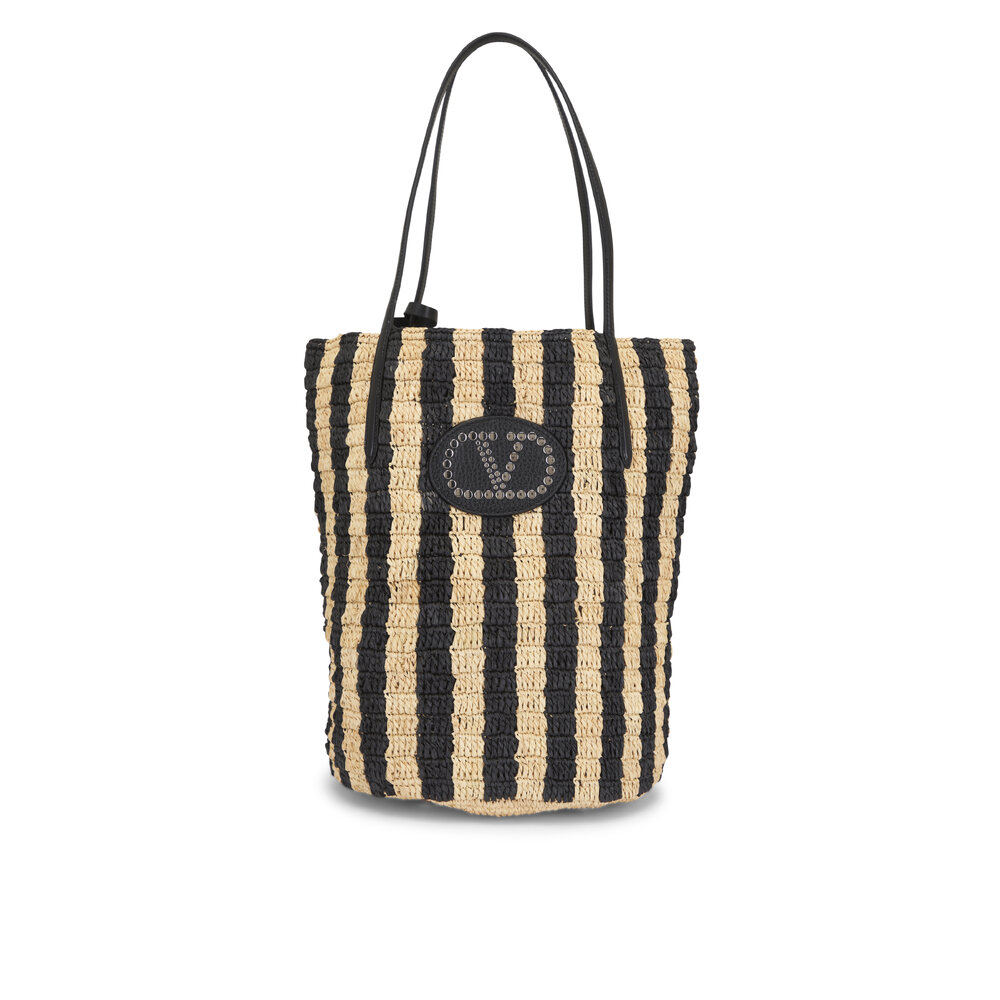 Valentino Garavani - VLogo Natural & Black Stripe Raffia Shopping Bag