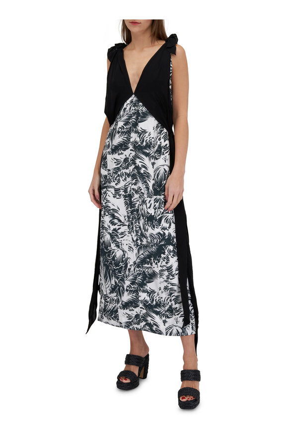 Bottega Veneta - Black & White Feather Print Silk Midi Dress 