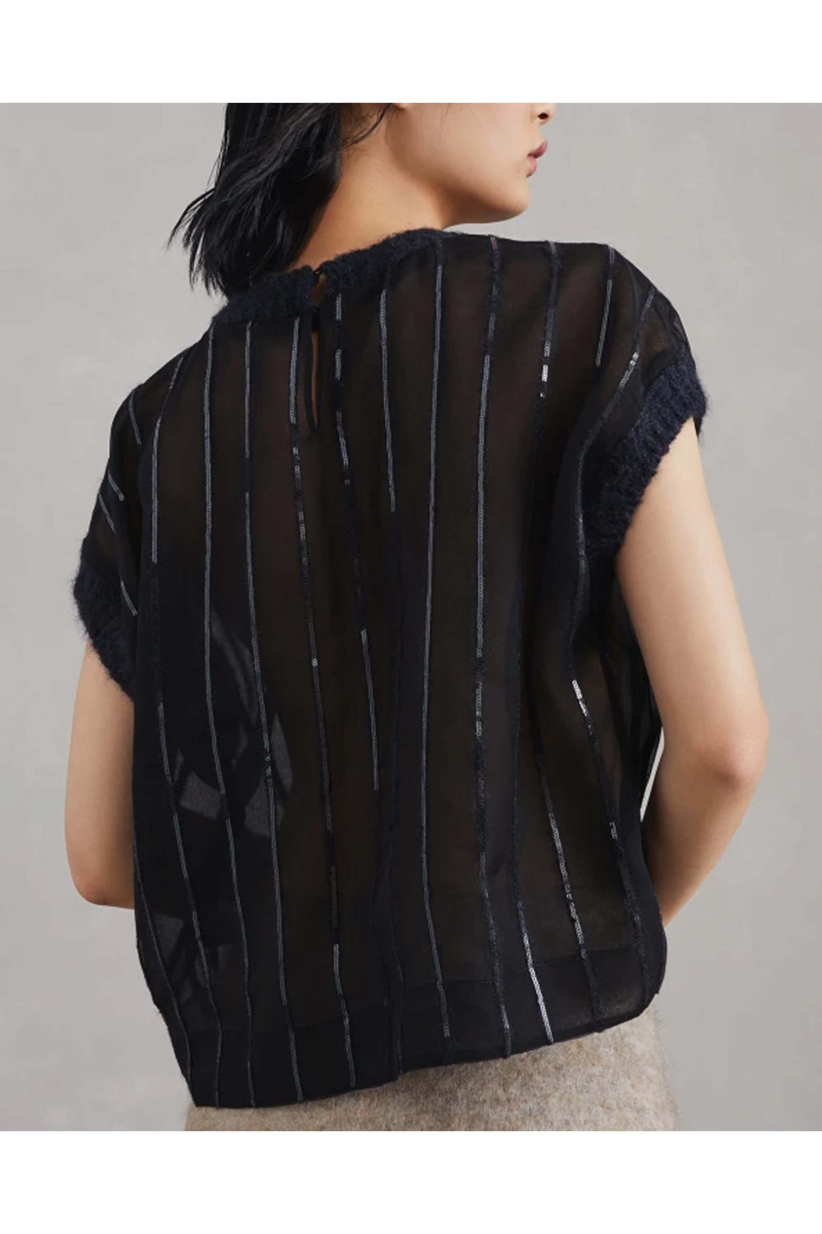 Brunello Cucinelli - Black Sequin Stripe Chiffon Blouse