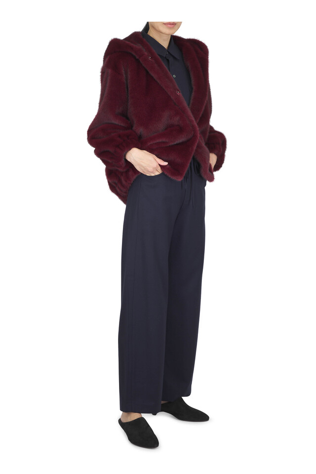 Designer outfit featuring Allegra Black Leather Mule, 30mm and Girella Dark Red Faux Fur Jacket