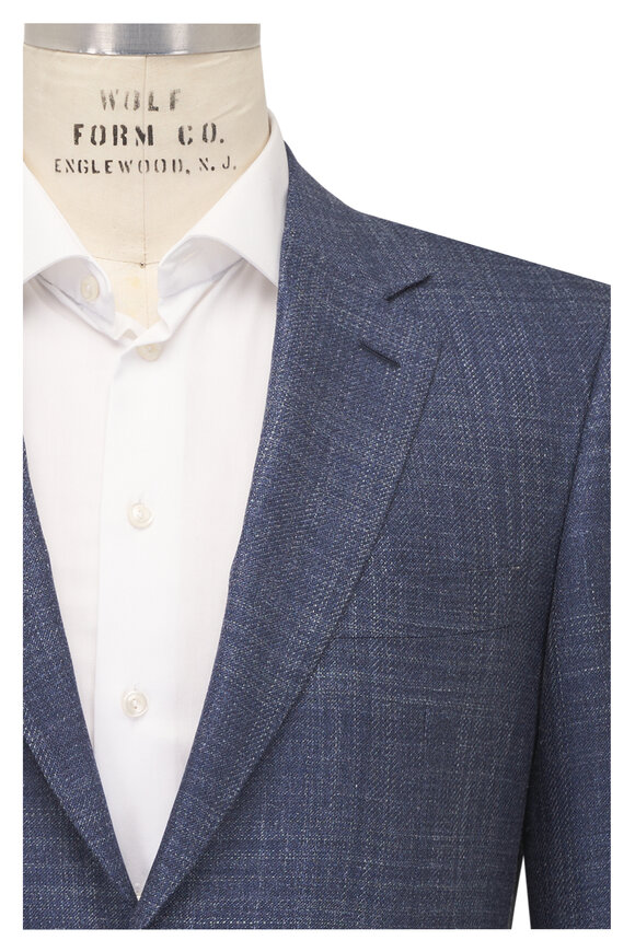 Canali Navy Subtle Plaid Wool, Silk & Linen Sportcoat