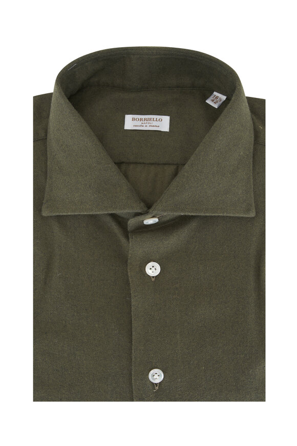 Borriello Olive Solid Cotton & Cashmere Dress Shirt