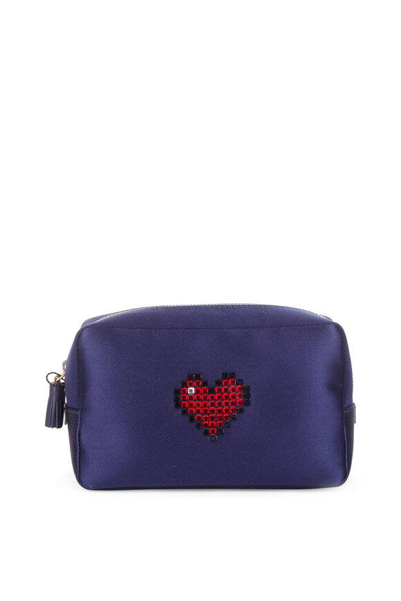 Anya Hindmarch - Navy Blue Satin Heart Embellished Cosmetic Bag