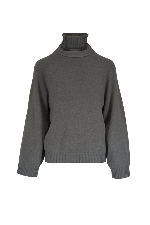 Brunello Cucinelli Green Cashmere & Silk Collar Turtleneck Sweater - view 1