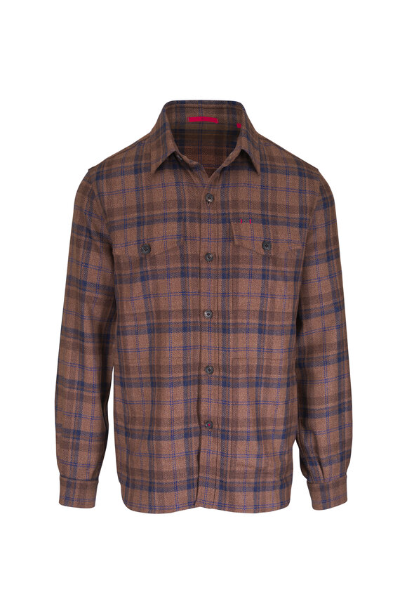 Isaia Brown & Blue Plaid Button Up Overshirt - view 1