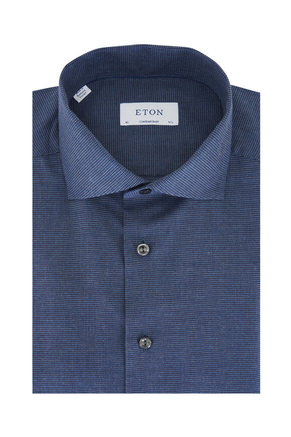 Eton Dark Blue Mini Houndstooth Cotton Dress Shirt