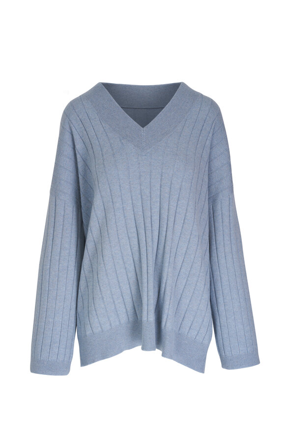 Brunello Cucinelli Light Blue V-Neck Ribbed Cashmere Sweater