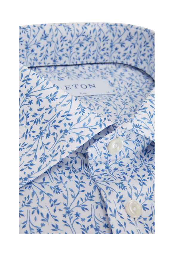 Eton - White & Blue Floral Print Slim Fit Sport Shirt 