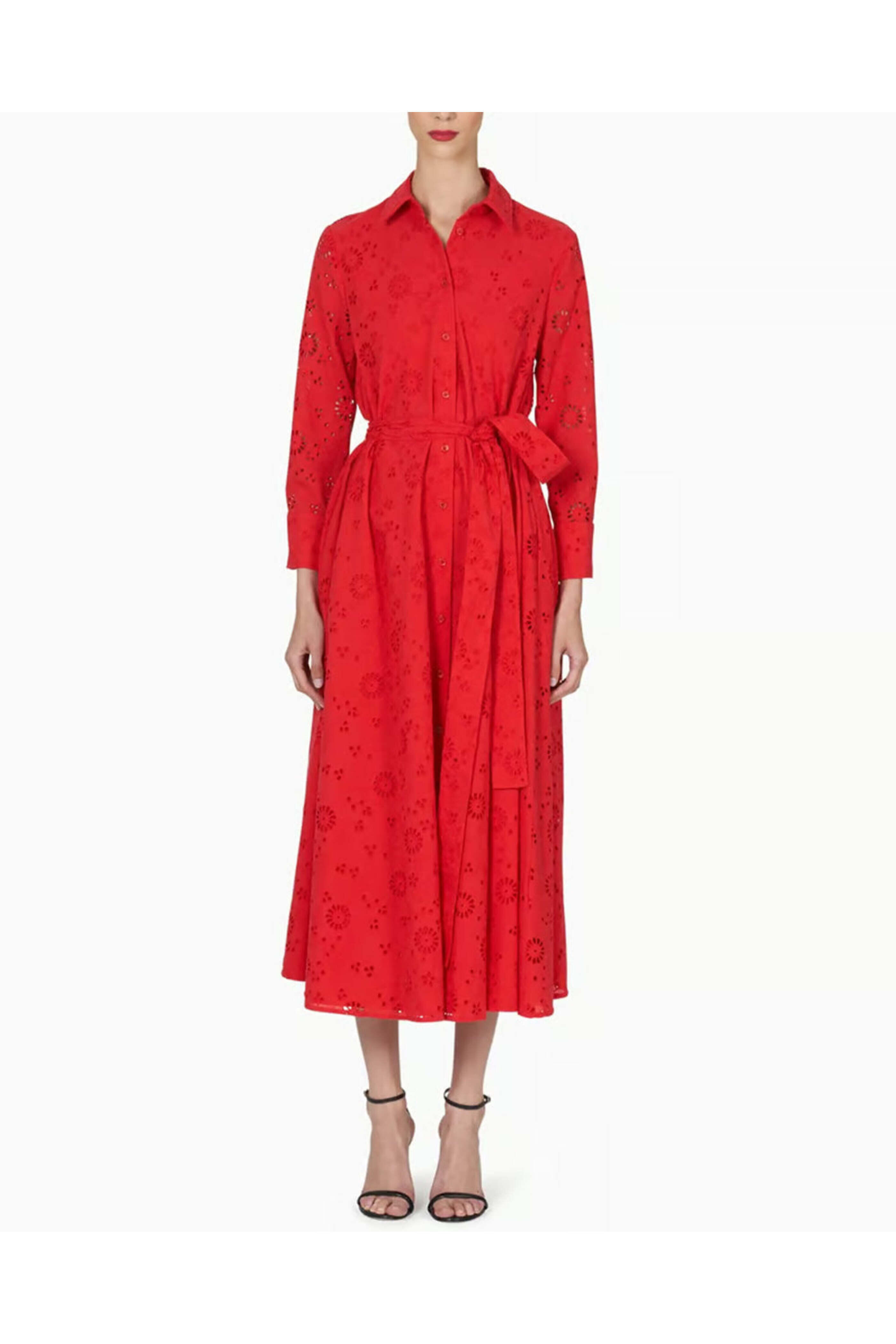 Carolina Herrera - Lacquer Red Collared Tie Waist Midi Shirt Dress