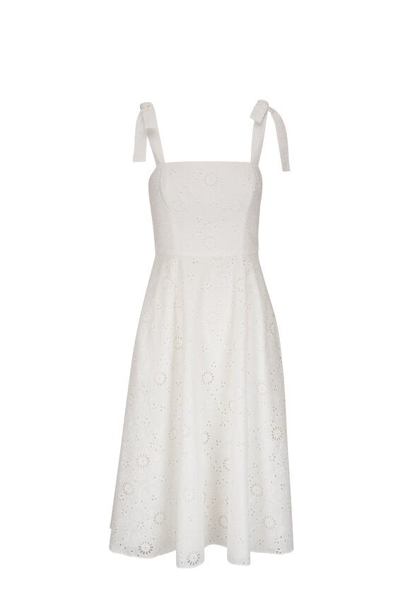 Carolina Herrera - White Embroiered Tie Shoulder Midi Dress 