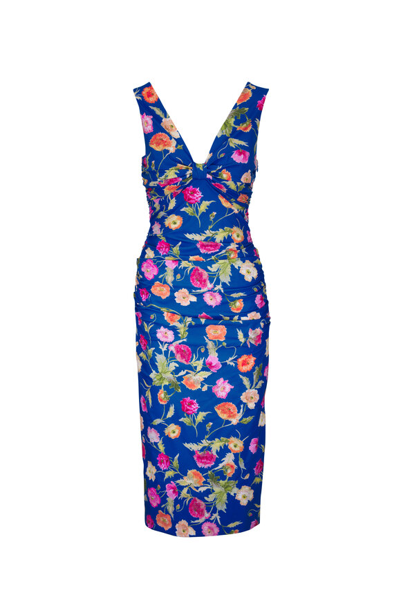 Carolina Herrera Bluebell Poppy Print Gathered V-Neck Midi Dress