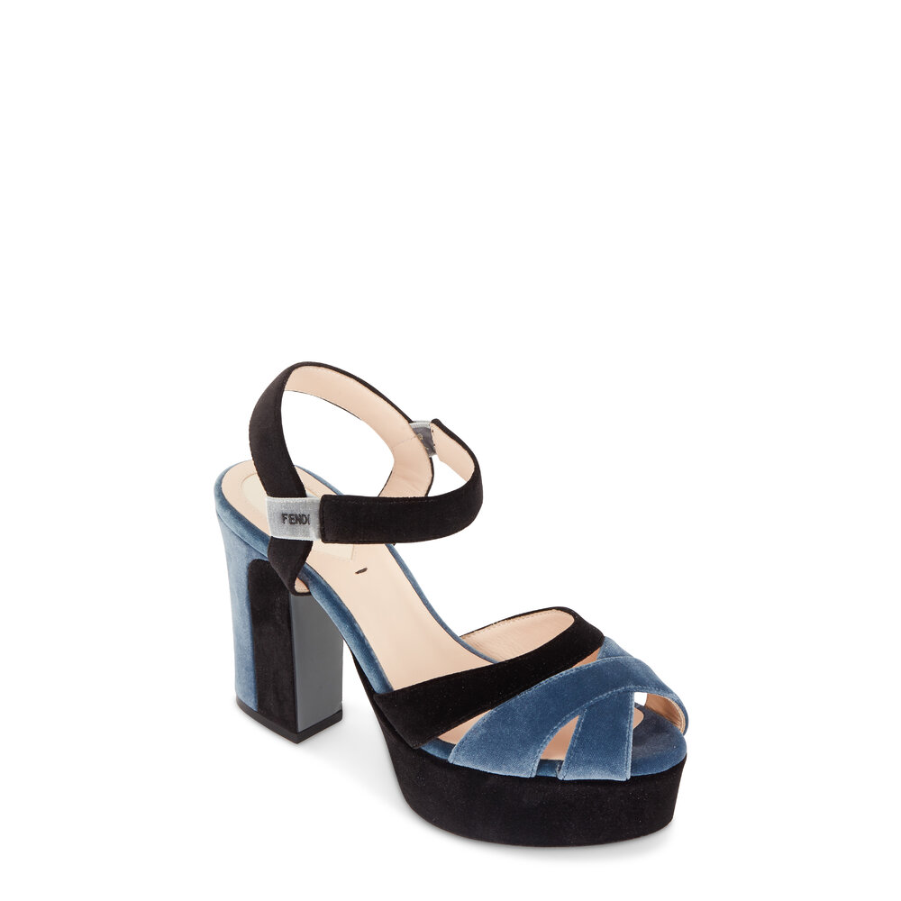 Fendi - Black & Blue Velvet Flatform Sandal, 100mm
