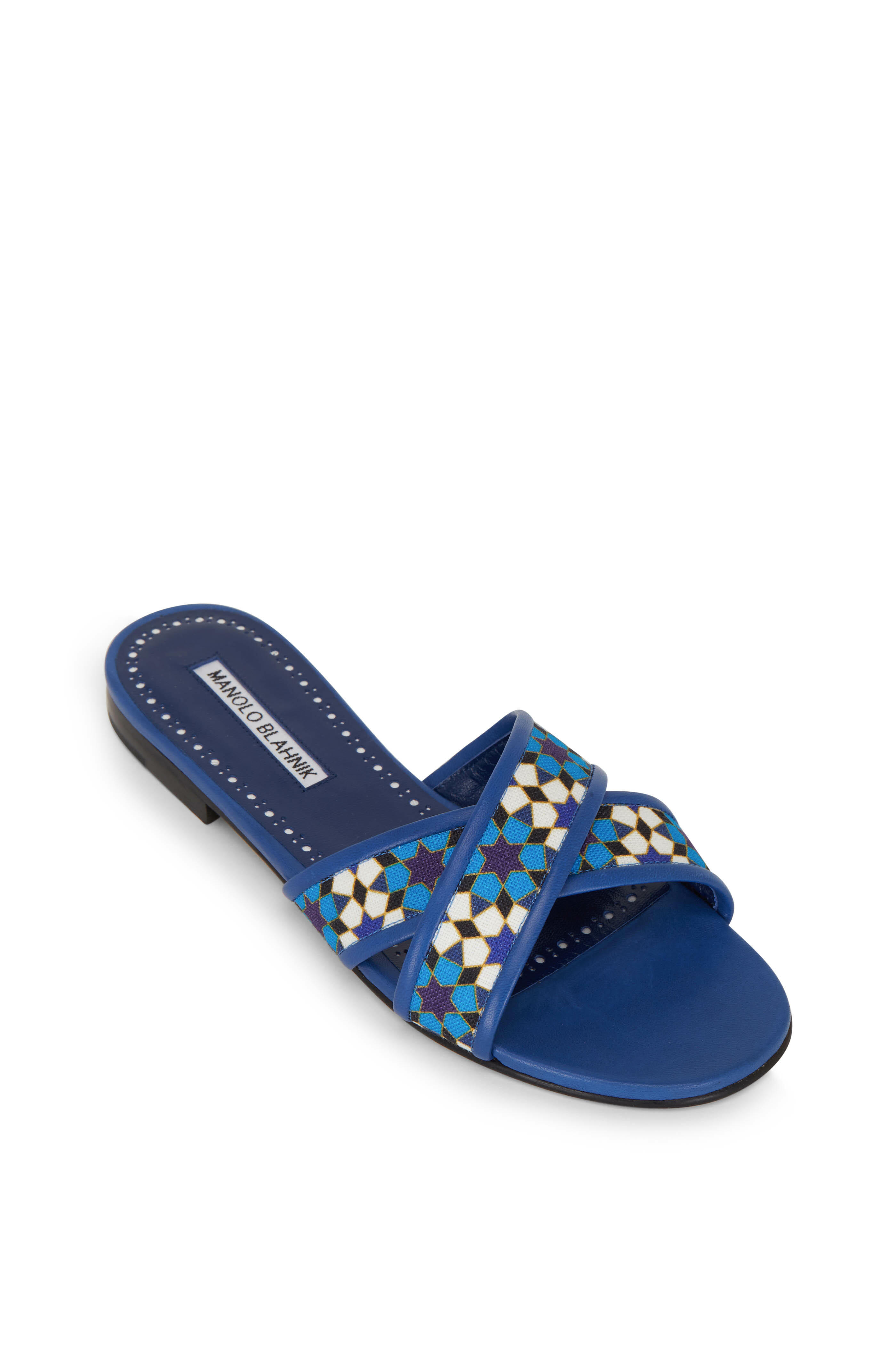 Manolo Blahnik - Ifneta Blue Linen Flat Slide | Mitchell Stores