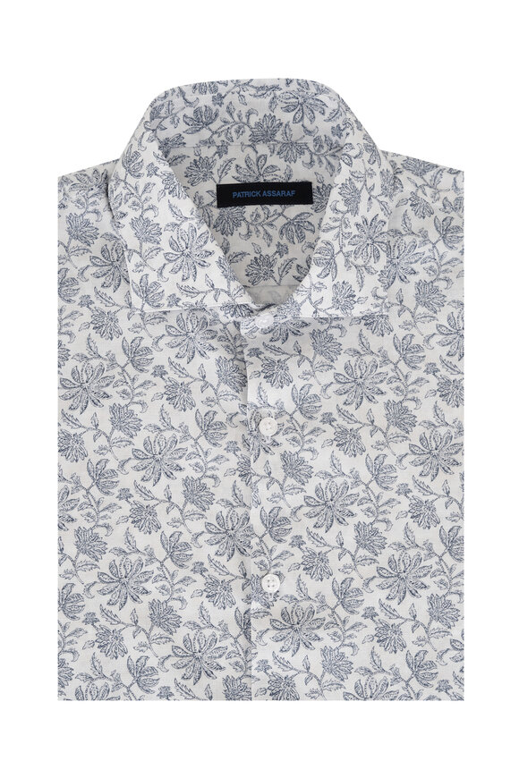 Patrick Assaraf White & Blue Floral Print Cotton Sport Shirt