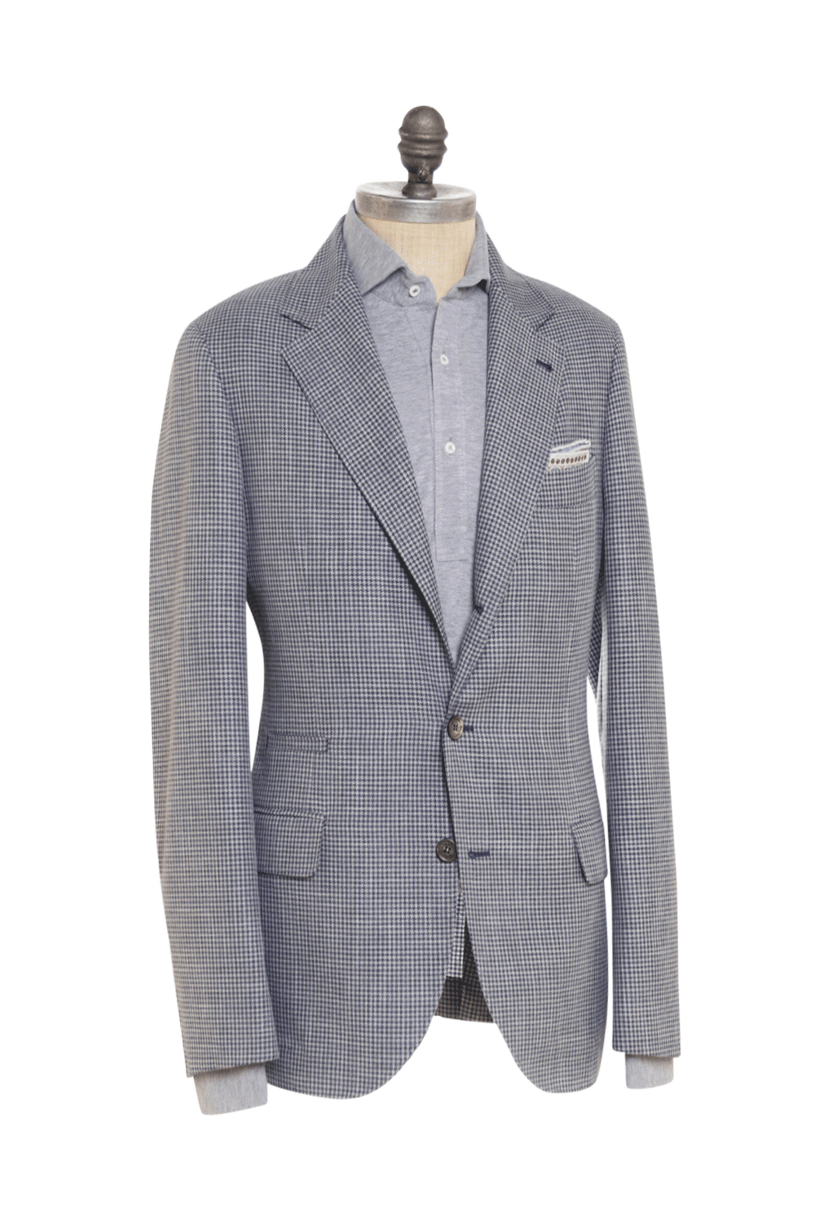 Brunello Cucinelli - Denim Blue Cotton Blend Houndstooth Sportcoat
