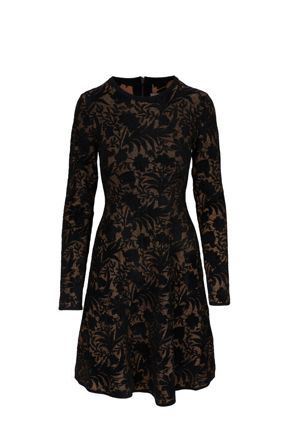 Lela Rose - Black & Gold Floral Jacquard Fit & Flare Dress 