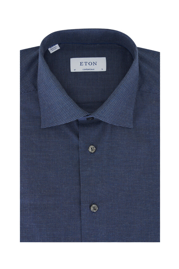 Eton Dark Blue Mini Houndstooth Cotton Dress Shirt