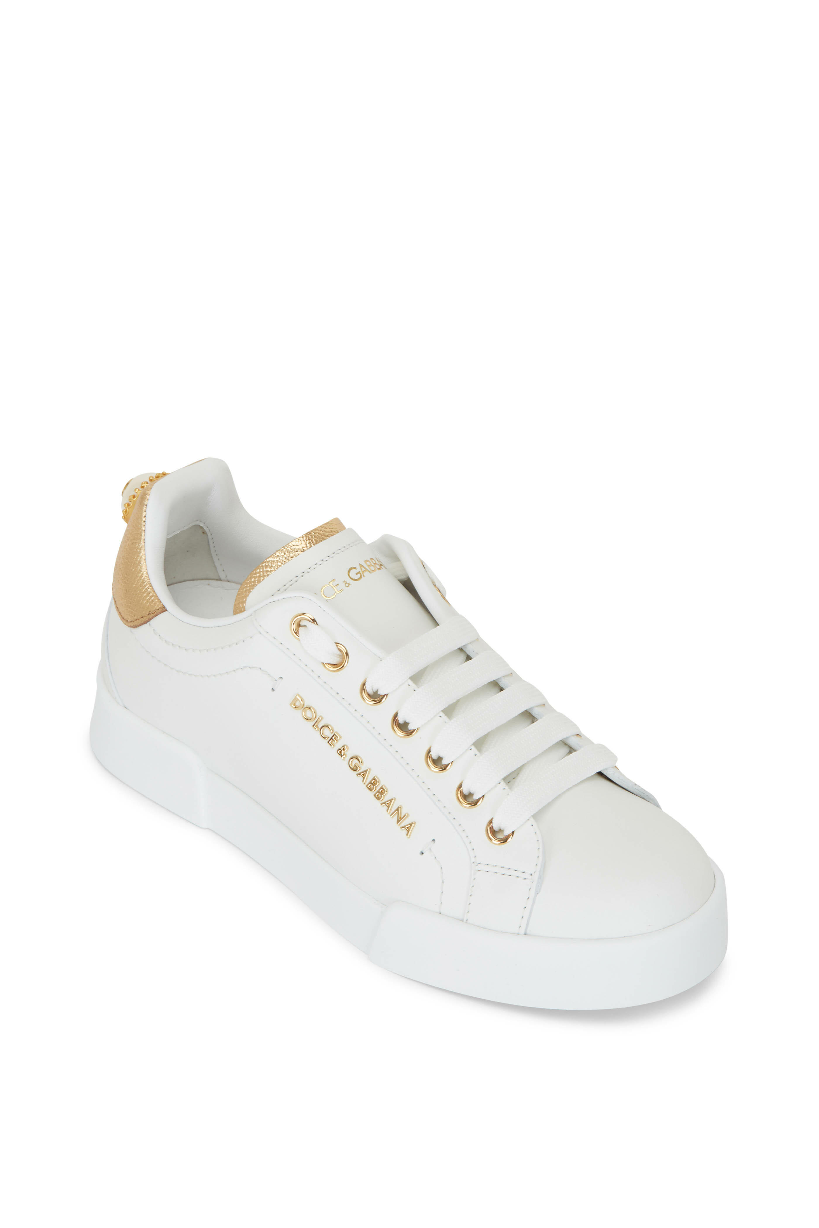 Dolce & Gabbana - White Leather & Gold Logo Sneaker