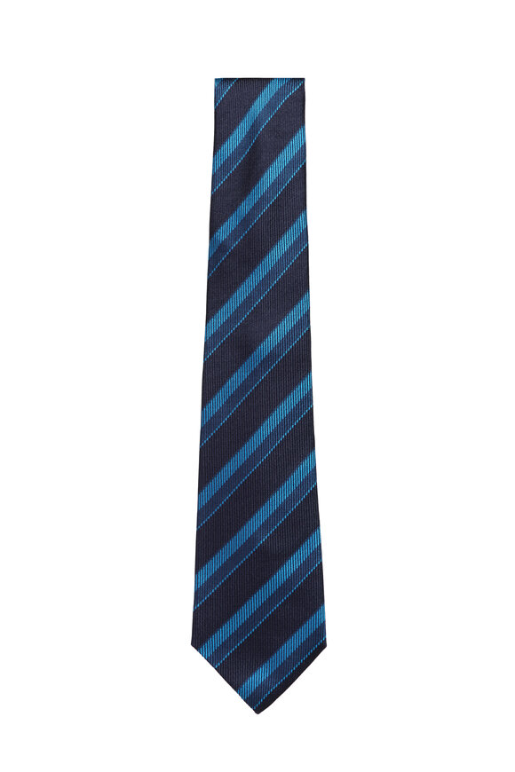 Kiton Navy & Bright Blue Stripe Silk Necktie