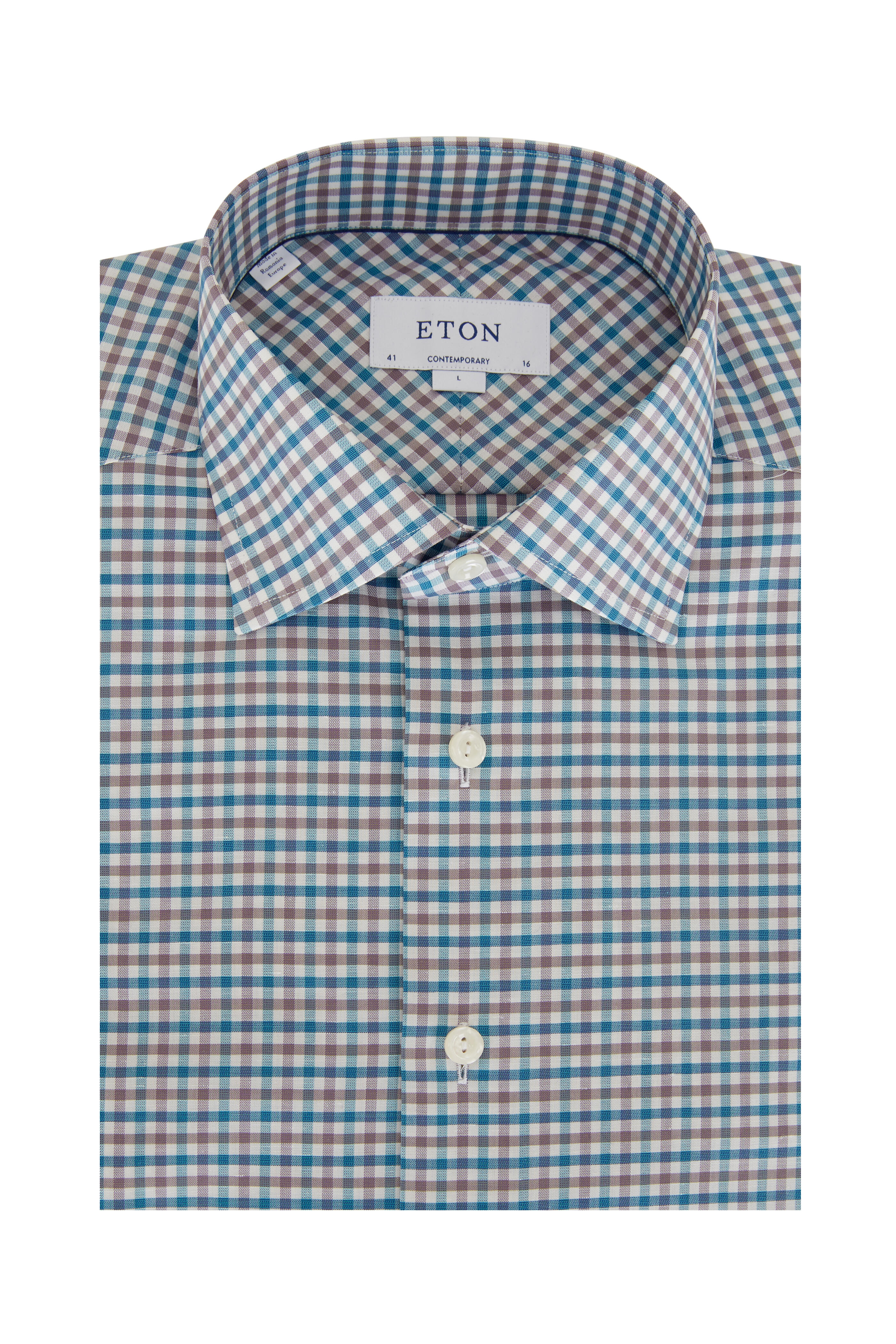Eton - Teal & Grey Plaid Cotton & Linen Dress Shirt