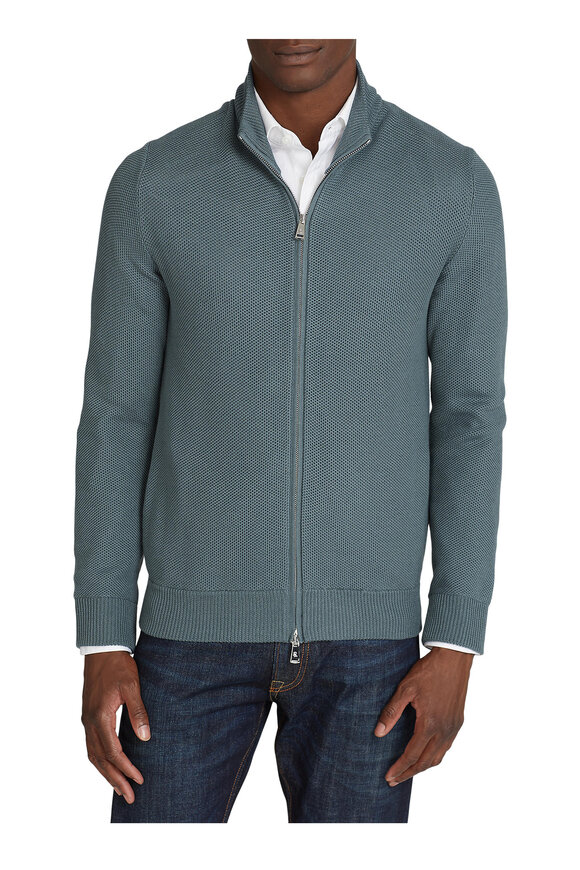 Ralph Lauren Purple Label - Isla Blue Mélange Silk & Cotton Full-Zip Sweater