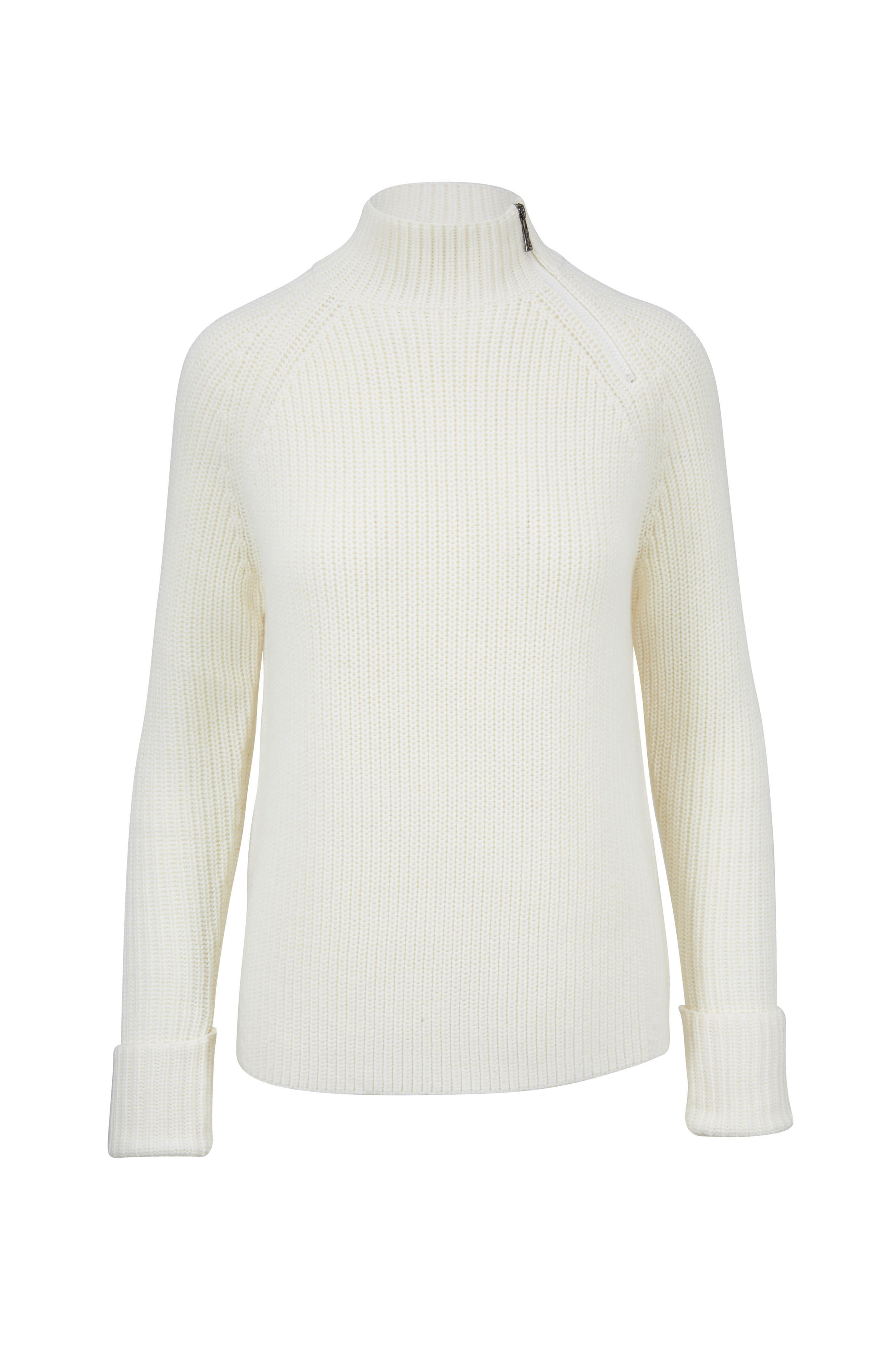 Bogner - Corie Ivory Chunky Knit Wool Neck-Zip Sweater