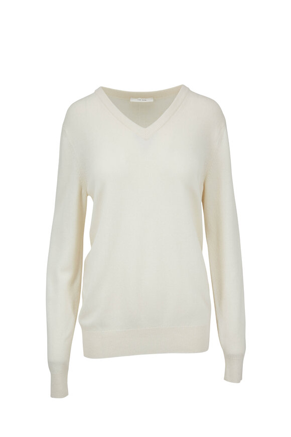 The Row - Maley Ivory Cashmere V-Neck Sweater