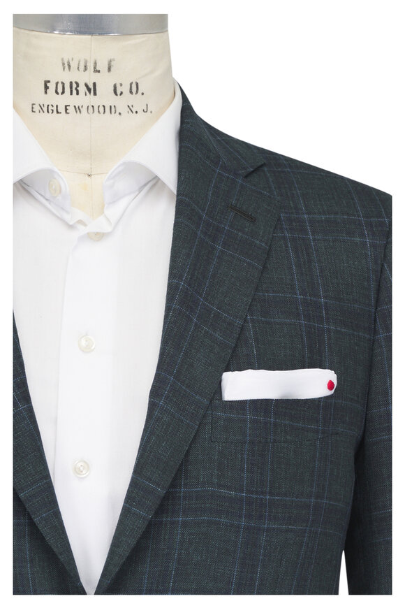 Kiton Green & Light Blue Windowpane Plaid Wool Sportcoat - view 1