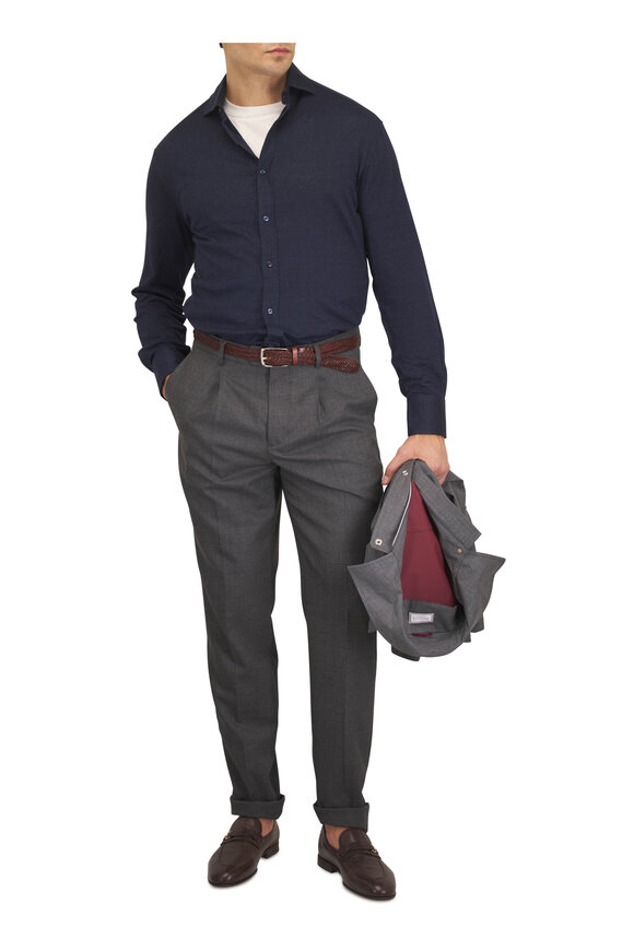 Brunello Cucinelli Navy Blue Jersey Knit Sport Shirt - view 2
