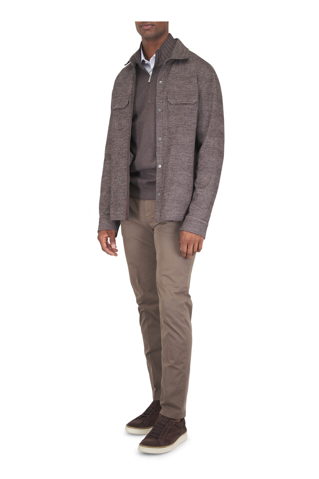 Designer outfit featuring Medium Brown Stretch Cotton Twill Flat Front Pant, Vintage Brown Quarter Zip Sweater and 1 other piece