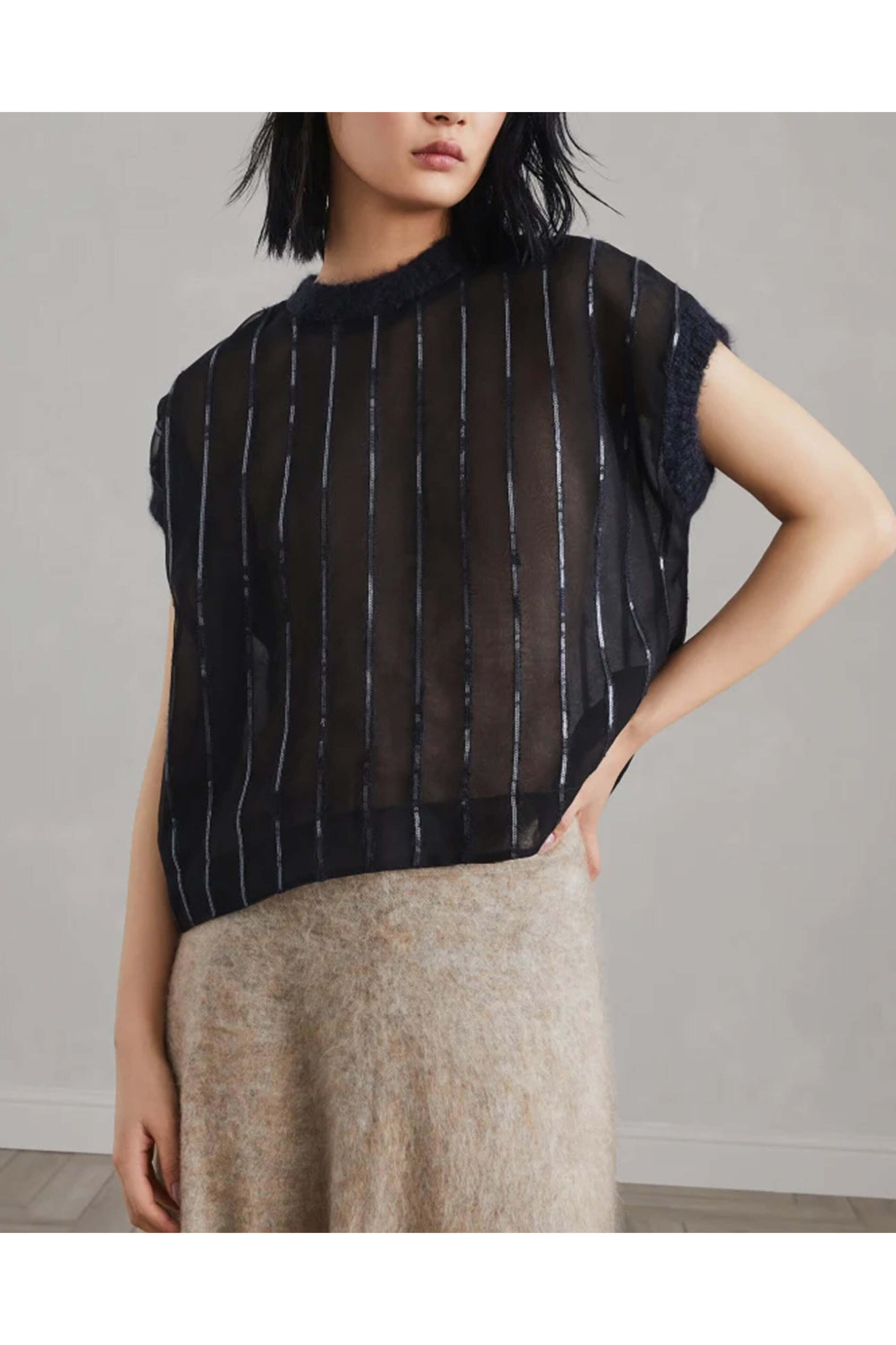 Brunello Cucinelli - Black Sequin Stripe Chiffon Blouse