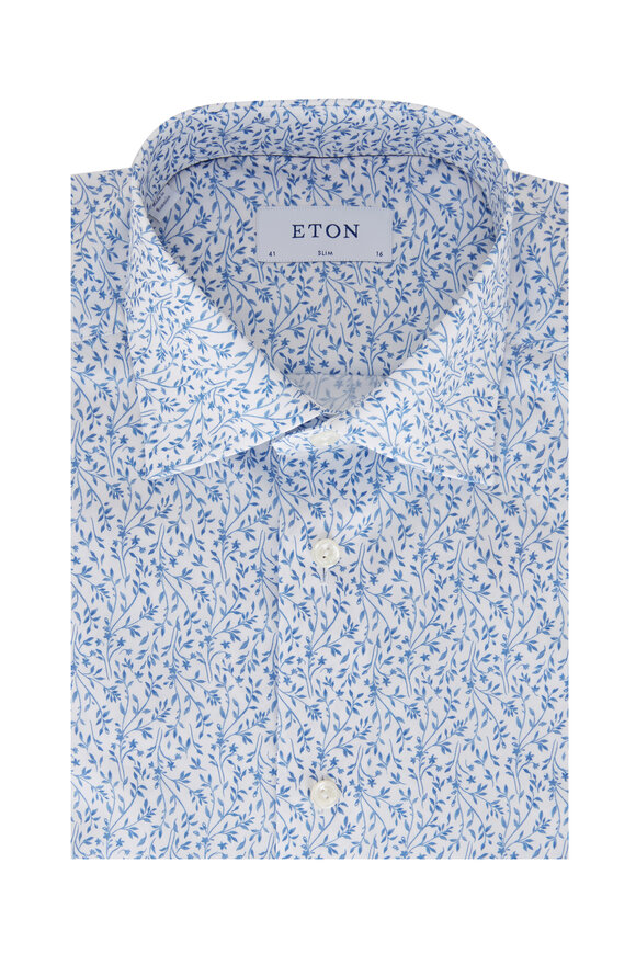 Eton - White & Blue Floral Print Slim Fit Sport Shirt 