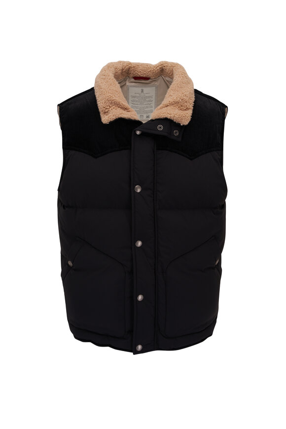 Brunello Cucinelli - Black Down Quilted Shearling Collared Vest 