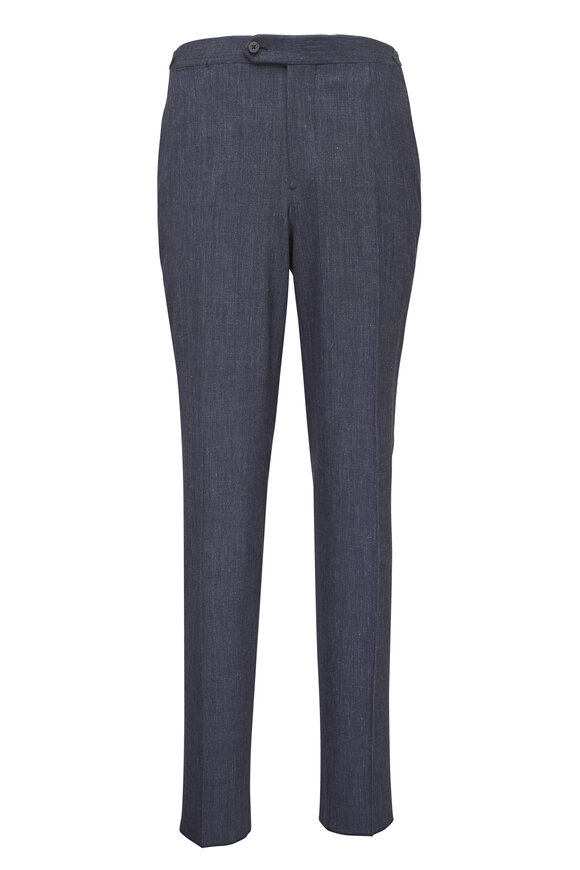 Isaia Medium Blue Wool, Silk & Linen Denim Effect Pant