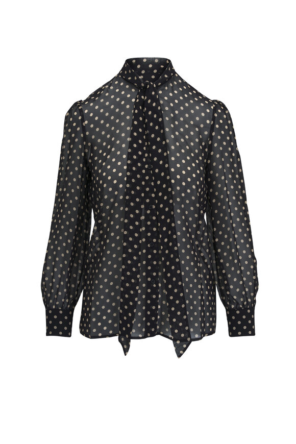 Nili Lotan Carina  Black & Beige Polka Dot Silk Blouse 