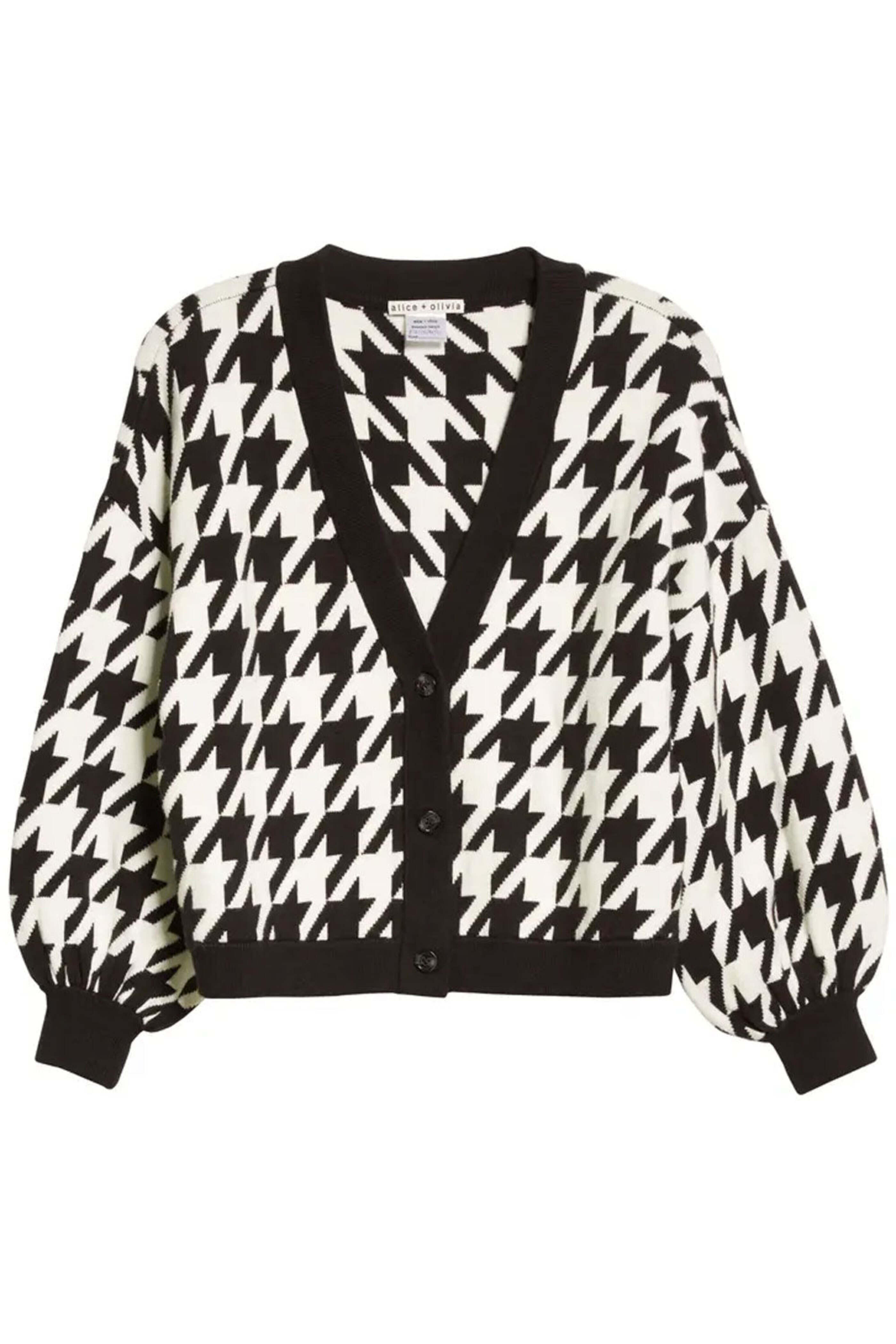 Alice & Olivia - Black Houndstooth Zelina Balloon Sleeve Cardigan