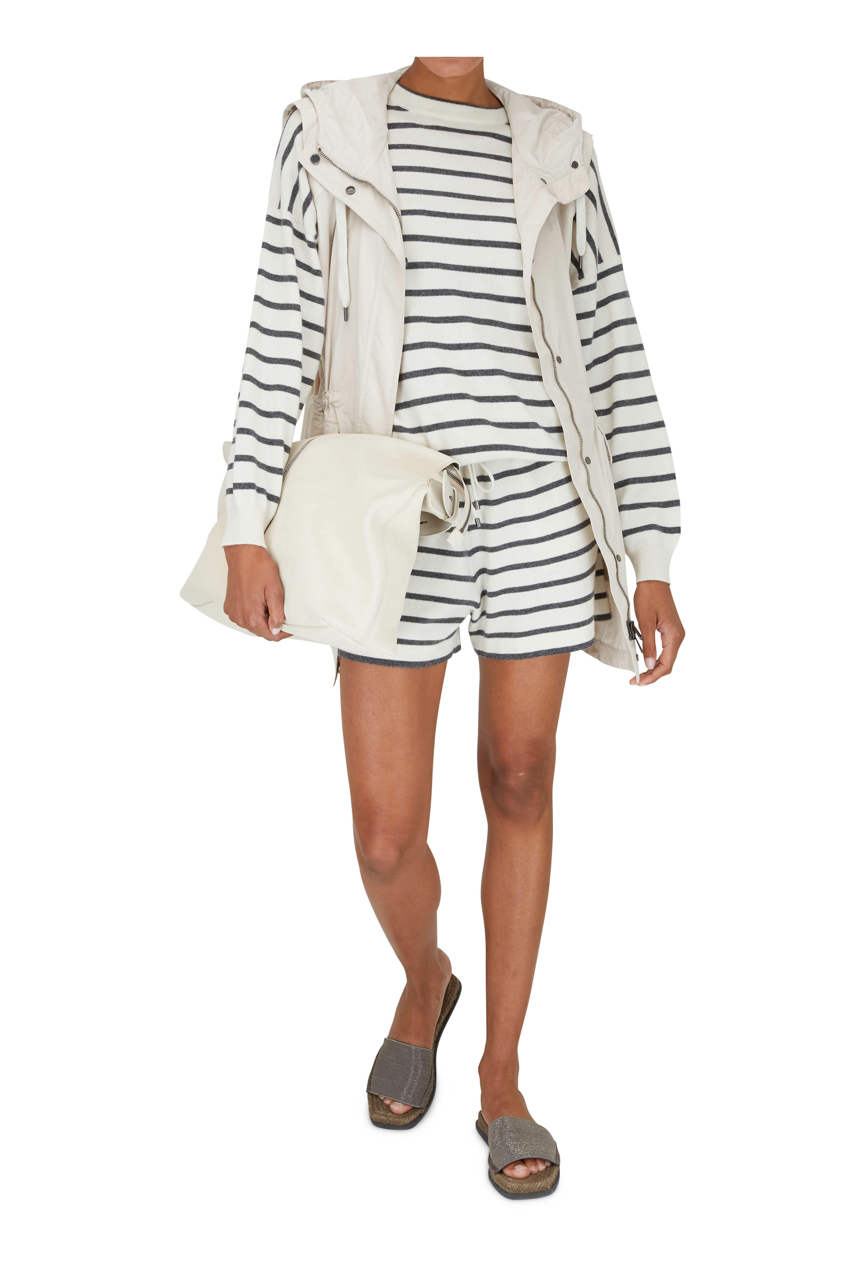 Brunello Cucinelli - Ecru Cashmere & Wool Stripe Spa Shorts
