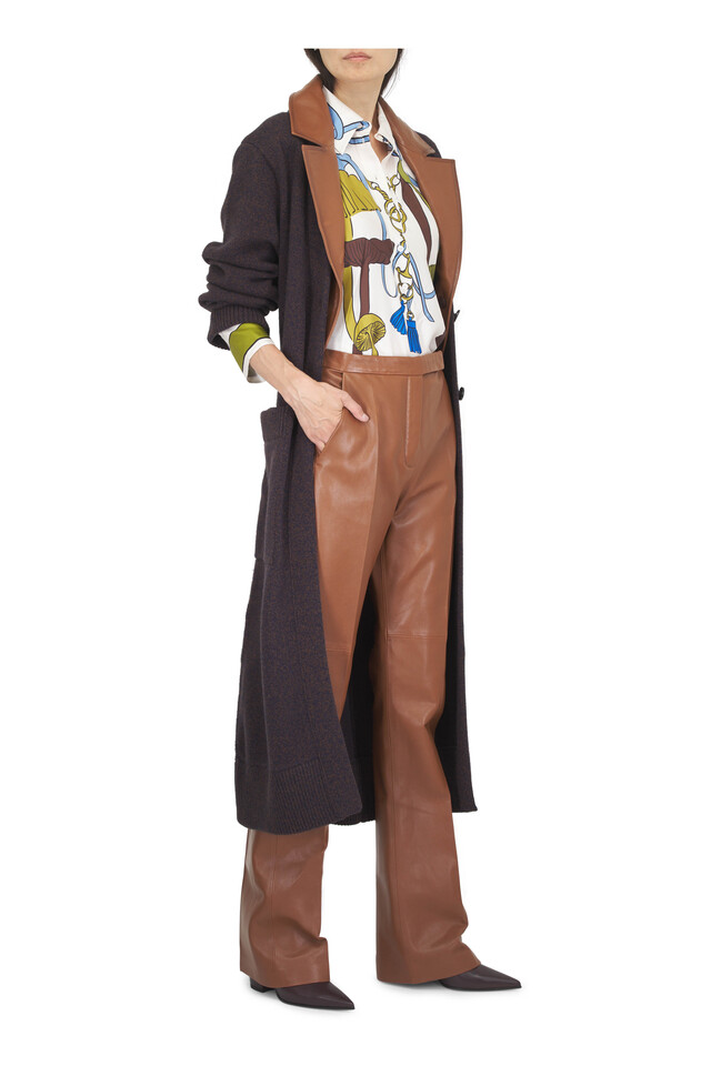 Designer outfit featuring Keina Burgundy Leather Side Zip Bootie, 55mm, Sleek Statement Hazelnut Leather Flare Pant and 2 other pieces