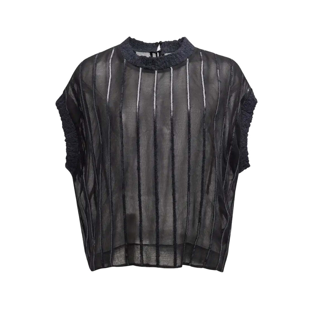 BRUNELLO CUCINELLI モニーレ装飾 トップス ブラウス 切替 S Brunello Cucinelli - Black Sequin Stripe Chiffon Blouse