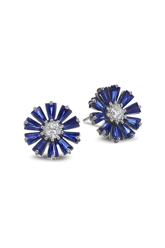 Nam Cho 18K White Gold Diamond & Sapphire Flower Studs - view 1