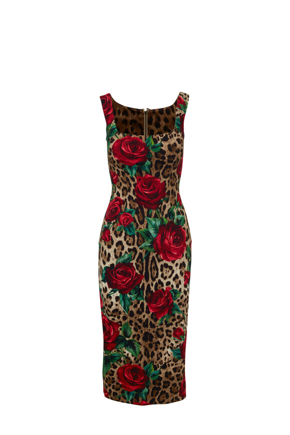 Dolce & Gabbana - Leopard & Rose Print Fitted Sleeveless Dress