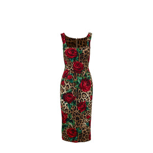 Dolce & Gabbana - Leopard & Rose Print Fitted Sleeveless Dress