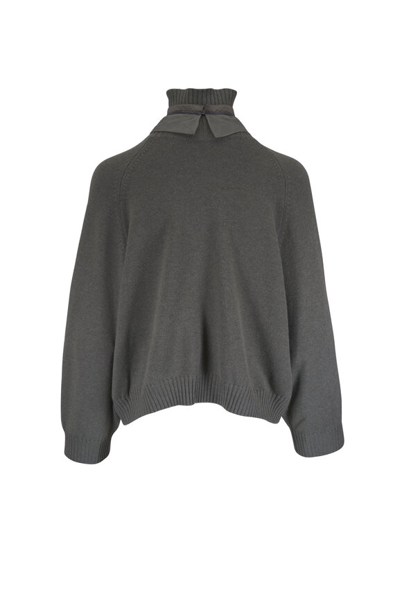 Brunello Cucinelli Green Cashmere & Silk Collar Turtleneck Sweater - view 4