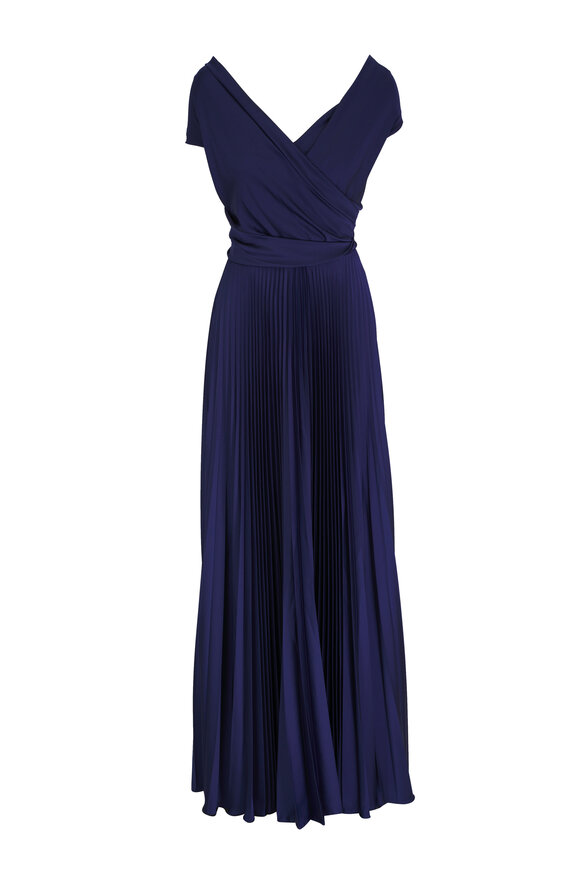 Talbot Runhof Navy Blue Pleated Gown