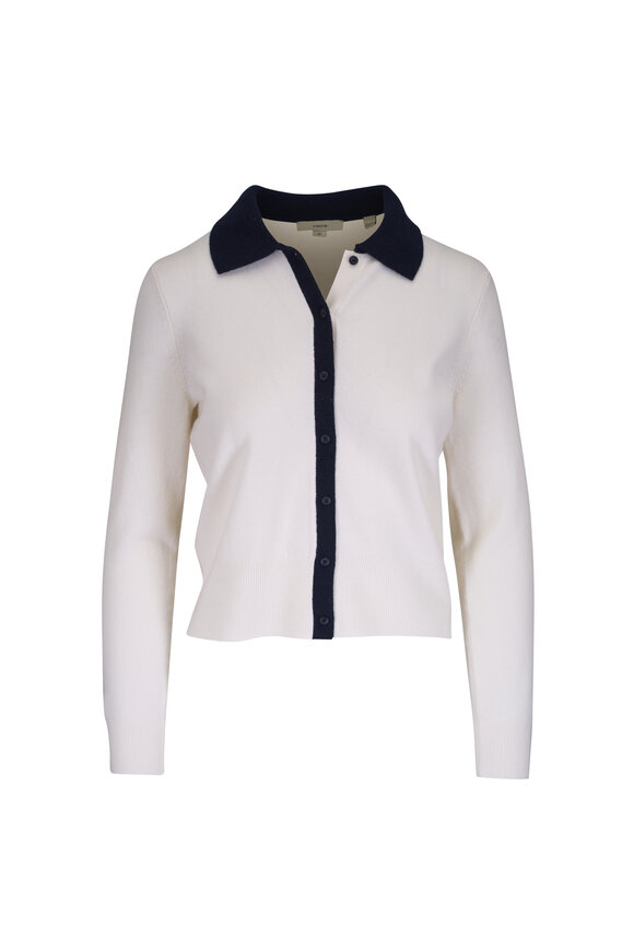 Vince Off White & Coastal Blue Contrast Collar Cardigan
