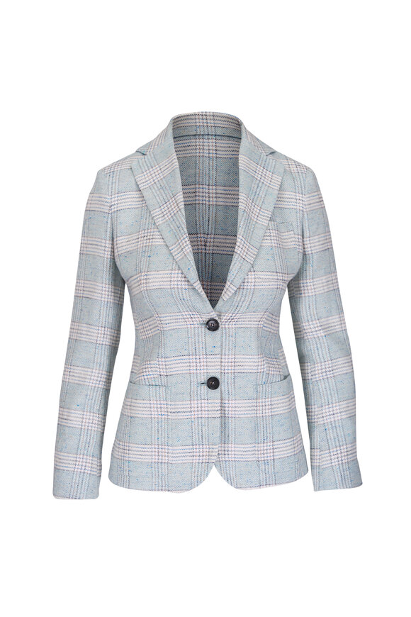 Kiton Sku Blue Plaid Cotton, Linen, Silk & Wool Jacket - view 1
